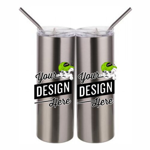 20 oz Stainless Silver Skinny Tumbler with Stainless Straw and Lid Thumbnail